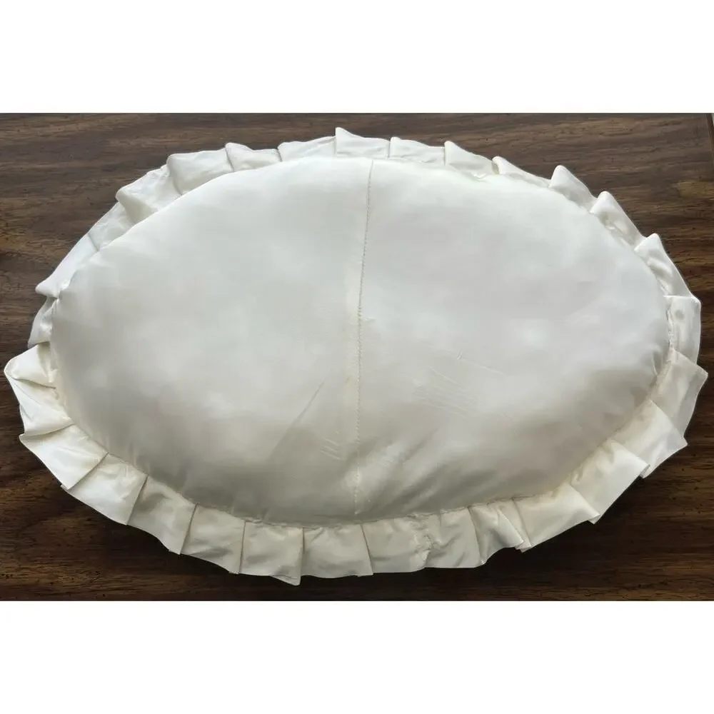 Vintage Satin & Lace Ruffles Oval Ivory Throw Pillow 20x13 Romantic Boudoir